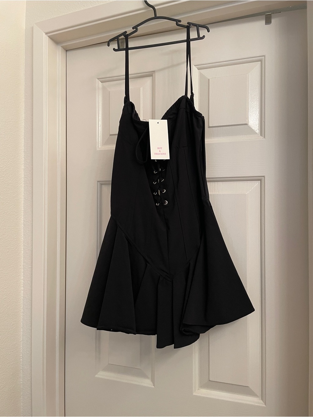 Hot & Delicious Black Lace-Up Mini Dress with Flared Skirt